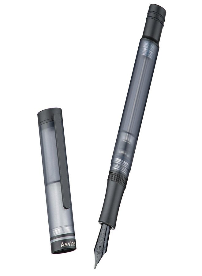 Asvine V200 Titanium Fountain Pen Vacuum Filling, Matte Black Bock Broad Nib Transparent Acrylic Smooth Writing Pen Case Set - Image 3